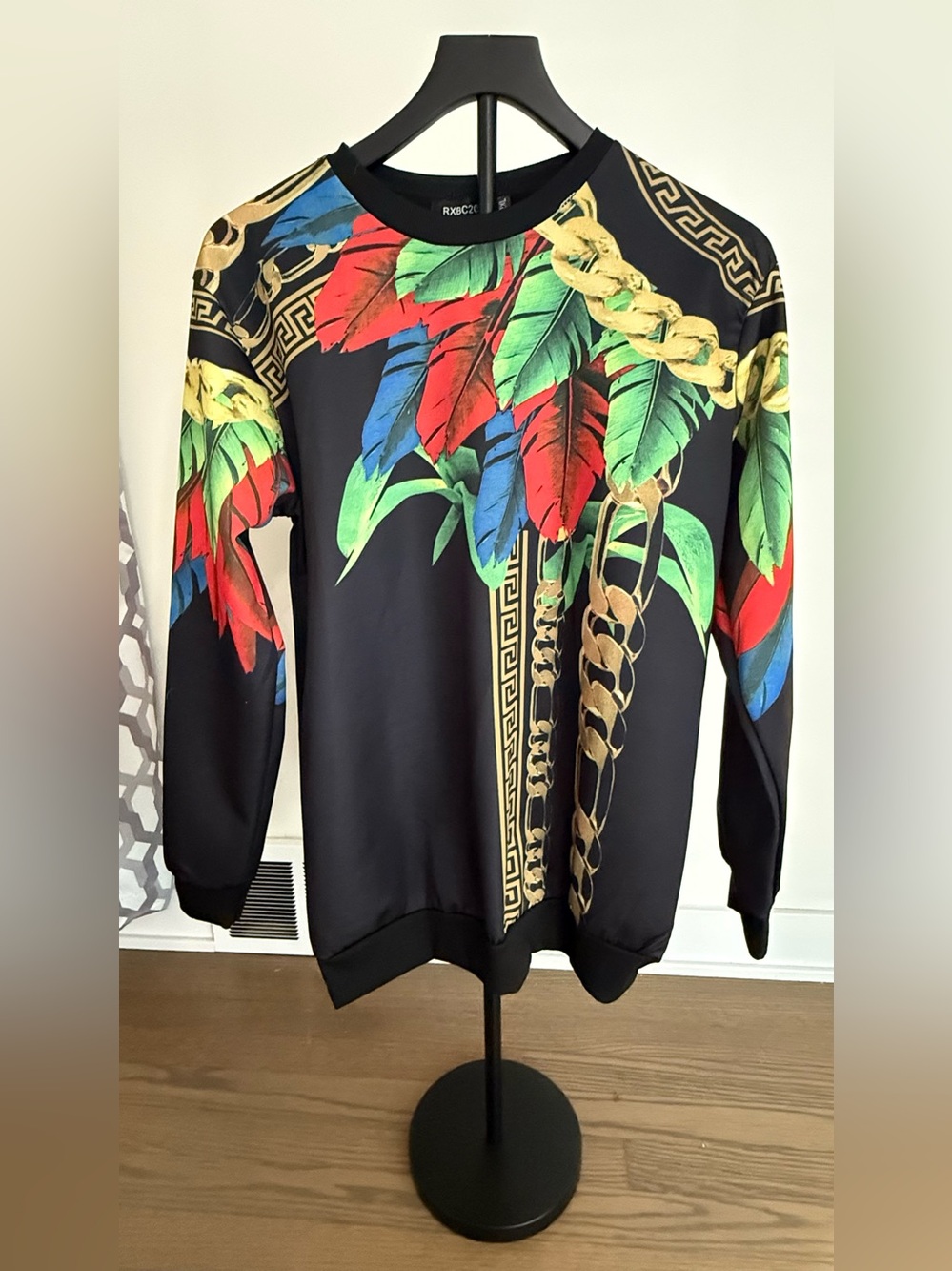 RXB Black Cardigan Sweater with Gold Chain & Tropical Leaf Print